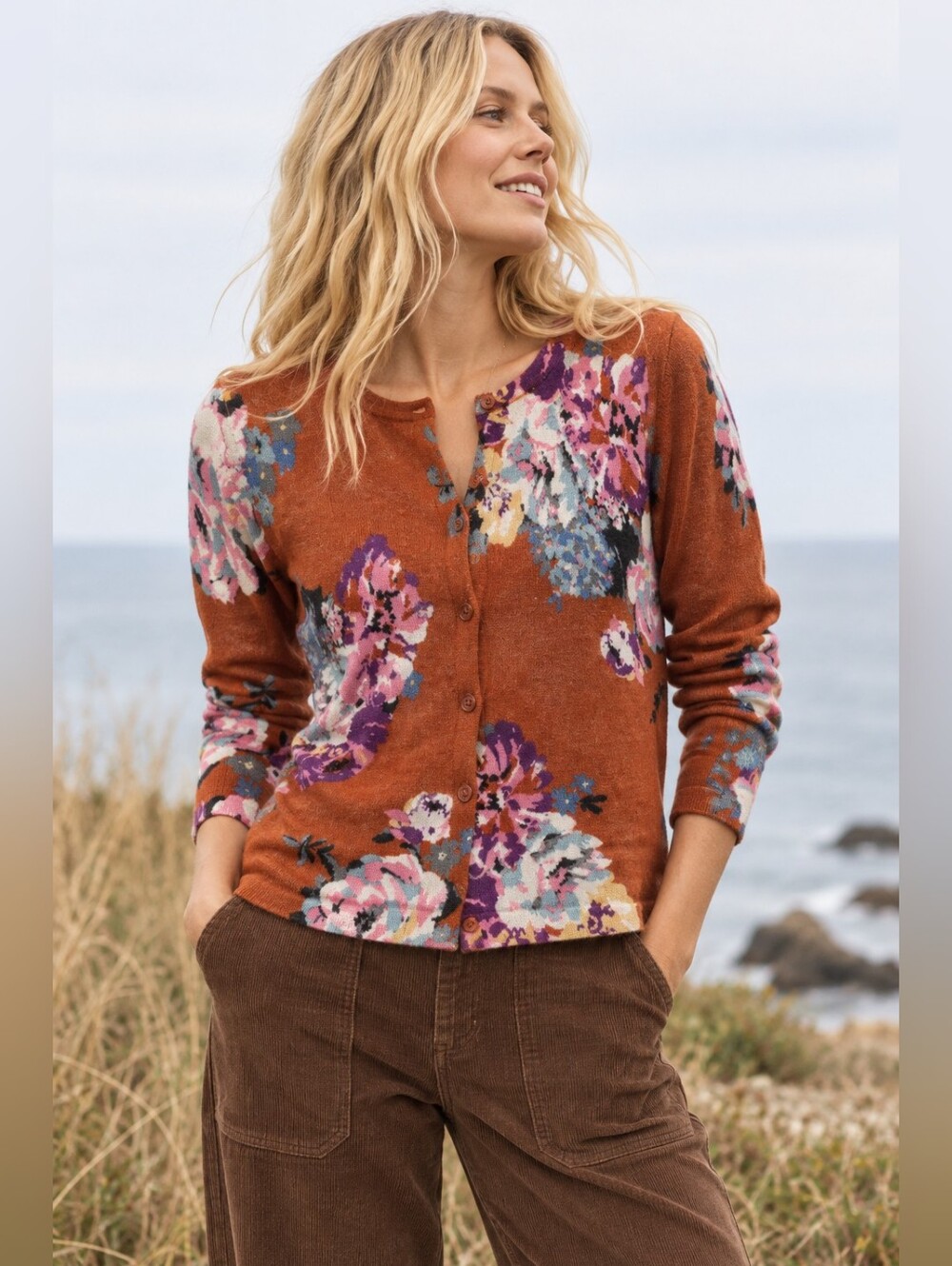 GARNET HILL 100% MERINO WOOL RUST FLORAL CARDIGAN SWEATER SZ S